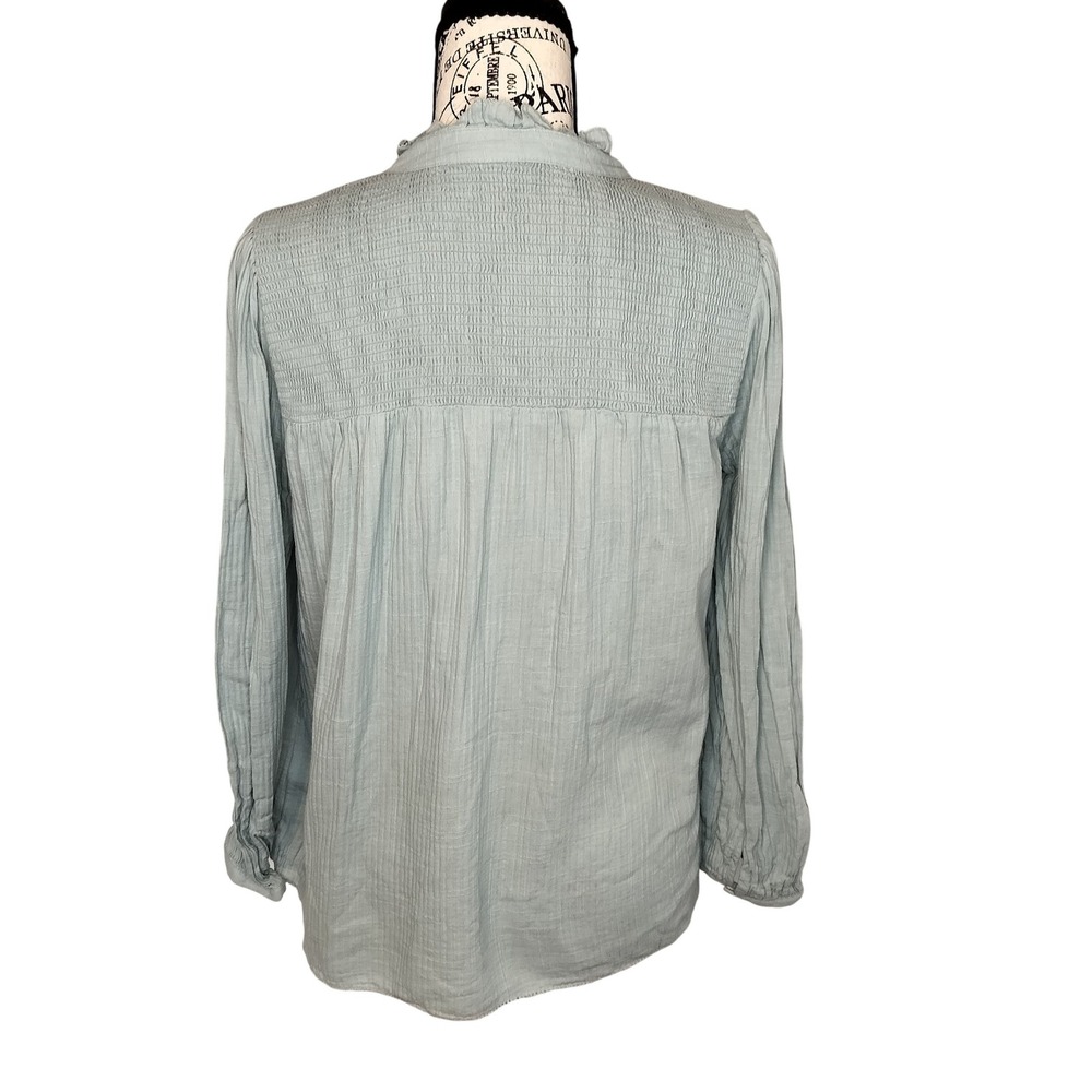 J. Crew Smocked Ruffle Neck Long Sleeve Blouse Green 1/2 Button Up Cotton XS - Picture 3 of 6